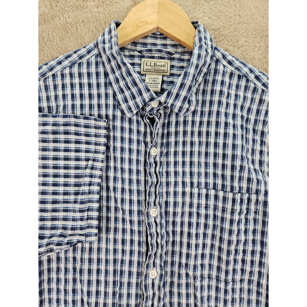 L.L.Bean 100% Cotton Button-down Shirt Blue White Tan Plaid Size LT Tall